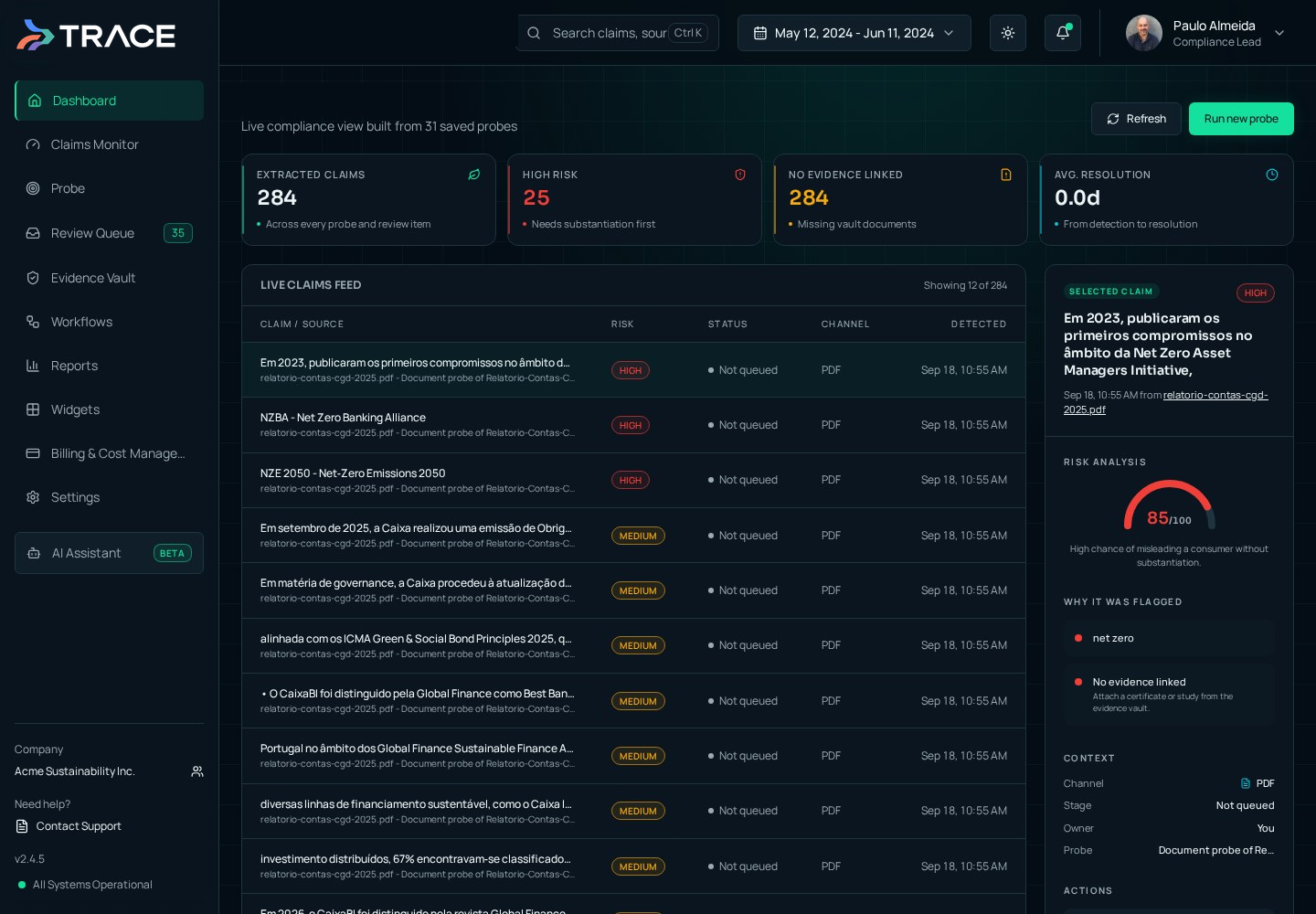 T.R.A.C.E. dashboard showing environmental claims, risk scores and evidence status