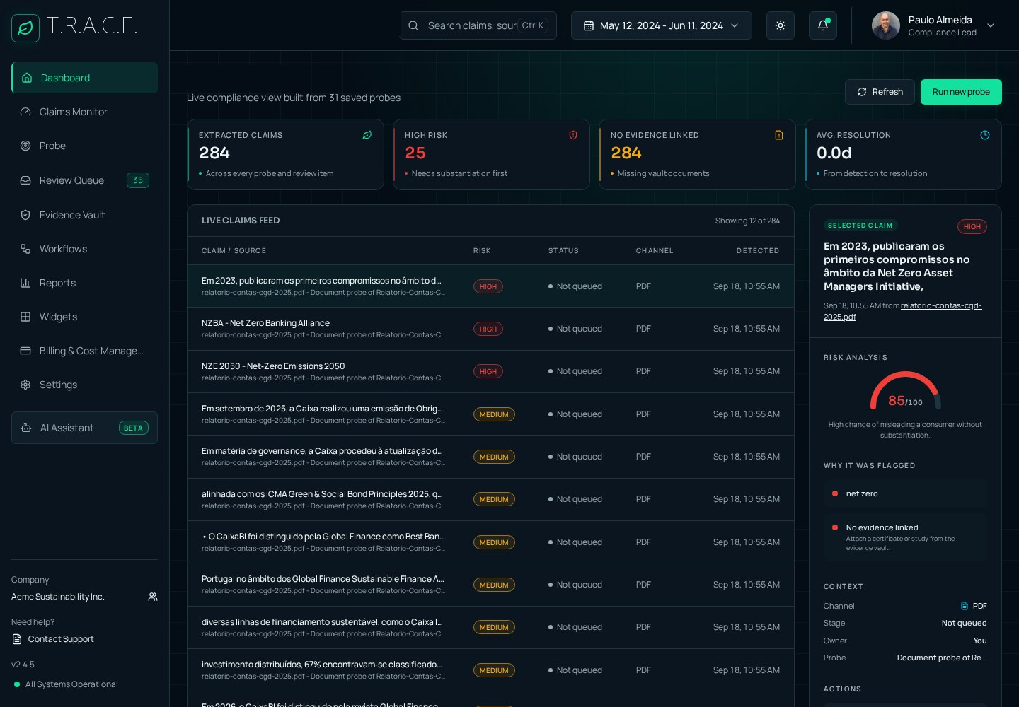 T.R.A.C.E. dashboard showing environmental claims, risk scores and evidence status